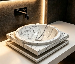 Lavabo Redondo de Mármol Blanco para Baño con Vetas Negras y Acabado Pulido - Product Image 1