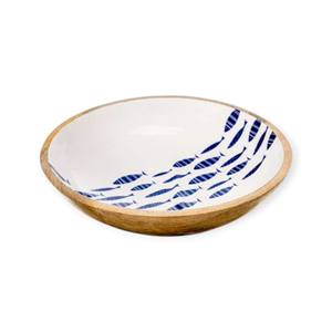 Bol rond en bois avec motif écaille de poisson bleu émaillé pour repas de style côtier et présentation artistique de table - Product Image 1