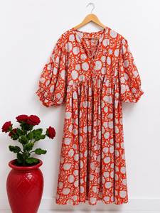 Robe midi bohème florale 100% coton pour femmes, été, décontractée, manches longues, coupe ample, silhouette en A, écologique, respirante - Product Image 1