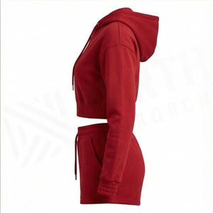 Conjunto Deportivo Casual de 2 Piezas para Mujer, Sudadera con Capucha y Cremallera Roja, Pantalones Cortos, Felpa, Color Sólido, Manga Larga - Product Image 3