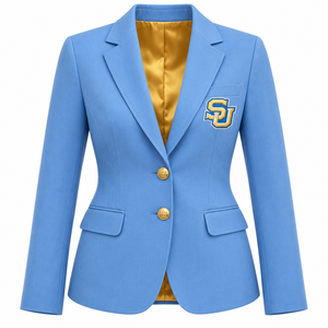 Chaqueta de Blazer Personalizada de la Universidad del Sur (SU) para Mujer, HBCU, Azul Columbia con Forro Dorado, Chaqueta de Traje Universitario Bordada, Venta al Por Mayor - Product Image 1