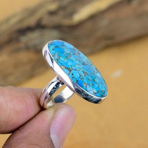Natural Blue Copper Turquoise Opaque Gemstone Oval <b>Statement</b> 925 Sterling Silver Handmade Jewelry Boho Cocktail <b>Ring</b> For Women - Product Image 2
