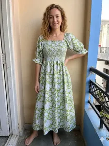 Vestido Maxi bohemio vestido de algodón floral vestido estampado bloque de mano verde - Product Image 6