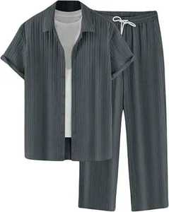 Men Summer 2 Piece Set Short Sleeve Button Shirt Drawstring <b>Pants</b> Pleated Lounge Outfit Turn <b>Down</b> Collar Elastic Waist - Product Image 4