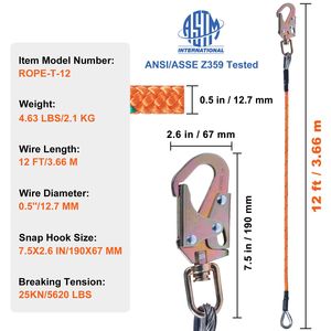 Cuerda de escalada de árboles de 1/2 pulgada x 12 pies con núcleo de acero y gancho de seguridad de aleación de acero, equipo de escalada para arboristas - Product Image 2
