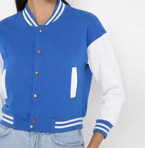 Veste universitaire bleue et blanche à blocs de couleur, coupe classique, col rabattu, fermeture boutonnée, style preppy unisexe, longueur courte - Product Image 4