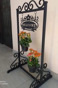 Iron Welcome Sign Plant Stand with Woven Basket Flower Display Powder Coated Eco-Friendly Traditional Style Outdoor Garden Decor - Product Image 4