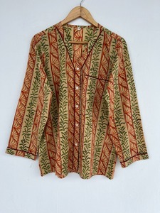 Women’s Beige Rust Botanical Stripe Print Cotton Pajama Set with Long-Sleeve Button-Down <b>Shirt</b> pure cotton pj set for women - Product Image 2
