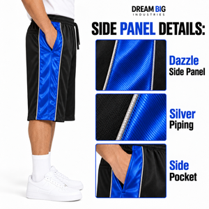 Shorts 3/4 personnalisés pour hommes en polyester noir et bleu, taille élastique avec cordon de serrage, panneaux latéraux et poches avec passepoil argenté, vente en gros de vêtements - Product Image 5