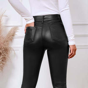 Pantalones de cuero de cintura alta para mujer, acampanados, elásticos, con cinco botones, bolsillos, a la moda, que favorecen la figura - Product Image 5