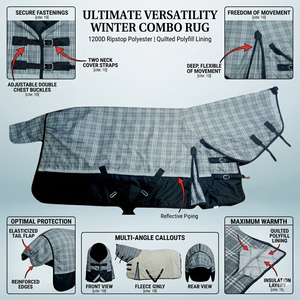 Alfombra de caballo con estampado de cuadros grises 1200D 250G, carcasa de polialgodón, encuadernación negra, forro de nailon, uso de doma, herrajes de acero inoxidable Doble - Product Image 3