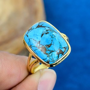 Handmade Blue Copper <b>Turquoise</b> Cushion Gemstone <b>Ring</b> 18k Gold Micron Over 925 Sterling Silver <b>Ring</b> - Product Image 1