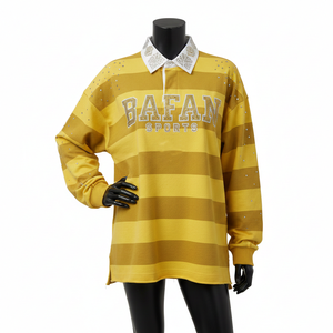 Camiseta de Rugby Extra Grande para Mujer, de Algodón Grueso GSM, con Paneles a Rayas Color Mostaza, Cuello en Contraste, Logotipo de Chenille, Personalizada - Product Image 1