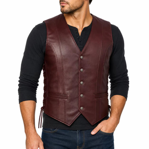 Chaleco de Algodón para Hombre, Estilo Cuero Borgoña, Cuello en V, Otoño, Casual, Cierre de Botones, Talla Grande, Cortavientos - Product Image 1