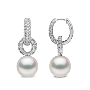 Boucles d'oreilles créoles de luxe en argent 925 avec maillons pavés de diamants et gouttes de perles d'eau de mer pour femme, bijoux de mariage - Product Image 1