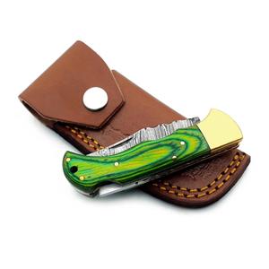 มีดพับเหล็กดามัสกัส ด้ามไม้ปักก้า ตัวล็อคแบบ Back Lock  บอสเทอร์ทองเหลือง พร้อมปลอกมีด พกพาสะดวก ใช้ได้ทั้งตั้งแคมป์และล่าสัตว์ รับผลิตแบบ OEM/ODM - Product Image 6