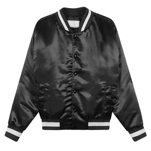Blouson bomber en satin noir pour homme, coupe classique, col rabattu, fermeture boutonnée, couleur unie, vêtement décontracté pour l'automne - Product Image 2