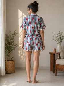 Grey Stripes <b>Crab</b> Print Hand Block Night Suit Set Women Short Sleeve Shirt Shorts Casual Handmade Cotton Masterpiece Sleepwear - Product Image 4