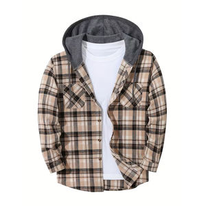 Veste en flanelle à capuche pour homme avec logo sur le devant, fermeture boutonnée, tissu doux en polyester/coton, vêtement décontracté élégant pour l'extérieur - Product Image 1