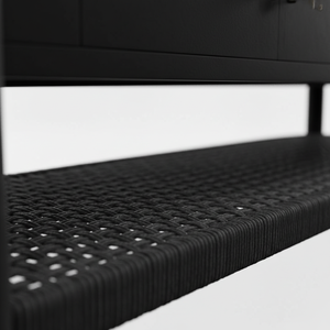 Buffet en bois tressé naturel à 4 portes avec étagère en rotin, meuble de rangement moderne en bois et tissu tressé, pieds ronds - Product Image 4