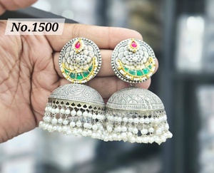 Bijoux en argent allemand oxydé, bijoux indiens Jumka, plaqué argent, vintage, classique, alliage, fait à la main, boucles d'oreilles pendantes en forme de cloche - Product Image 5