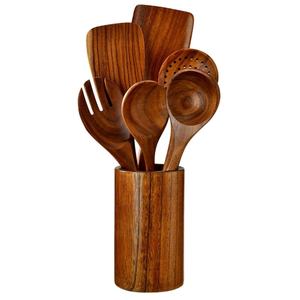 Ensemble d'ustensiles en bois d'acacia avec support, outils de cuisine naturels - Product Image 6
