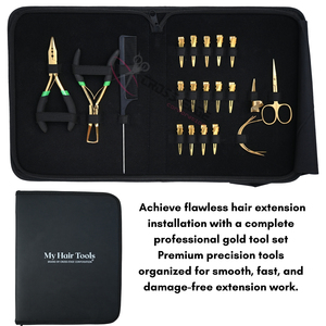 Kit de pinces professionnelles pour extensions capillaires dorées, comprenant des pinces à micro-perles, des pinces de retrait, des aiguilles à coudre, des pinces de salon et un peigne à doigts pour la séparation des mèches - Product Image 6