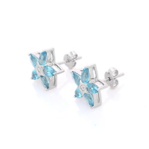 18K White Gold Blue Topaz Flower Stud <b>Earrings</b> with Diamond Accents - Product Image 4