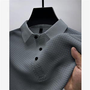 Men's Beige <b>Waffle</b> Knit Short Sleeve Polo <b>Shirt</b> Button Down Collar Casual Summer Wear Breathable 100% Cotton - Product Image 4