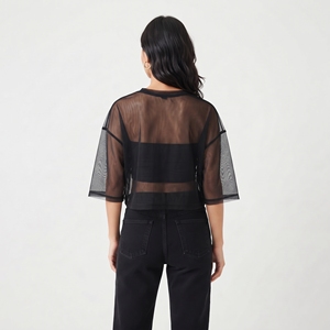 Crop top transparent en maille pour femme, col rond, épaules tombantes, sexy, 100% polyester, séchage rapide - Product Image 2