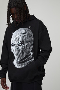 Black <b>Pullover</b> <b>Men</b>’s Hoodies Rhinestone Mask Graphic Heavyweight Cotton Fleece Oversized Streetwear Custom Manufacturing - Product Image 4