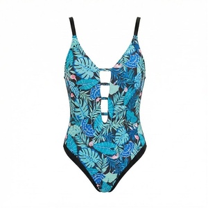 Traje de baño de una pieza para mujer con cuello en V profundo, estampado tropical, ahuecado y elástico - Product Image 1