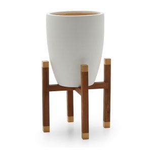 Maceta Moderna de Metal Estilo Bohemio con Patrón de Hojas Talladas a Mano y Patas de Madera para Plantas de Interior - Product Image 6