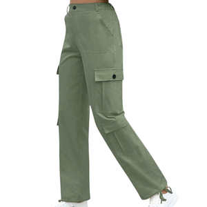 Women's High Waist <b>Cargo</b> Pants Solid Green Canvas Casual Full Length With Pockets Loose Fit Drawstring Closure Spring Style - Product Image 4