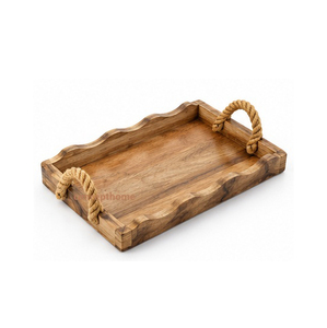 Plateau de rangement rectangulaire en bois avec poignées en corde, finition brute, pour table, à un seul niveau, design minimaliste, durable - Product Image 1