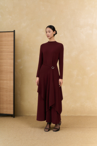Burgundy Summer Woven Midi <b>Dress</b>, Striped Button Detail, Turtle Neck, Breathable Fabric, <b>Loose</b> Fit, Minimalist Casual Style (OEM - Product Image 2