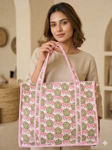 Indian <b>Hand</b> Block Printed Quilted Women's Winter Summer Fashion Tote Shopping Carry Shoulder Bag Multi-Color Geometric Flowers - Product Image 6