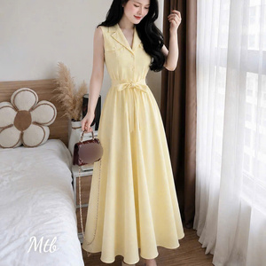 Vestido Maxi de Fiesta para Mujer, de Seda, Sencillo, Elegante, Formal, de Manga Corta, Cuello Polo, Color Sólido, Lavable, Cintura Natural, Cómodo - Product Image 5