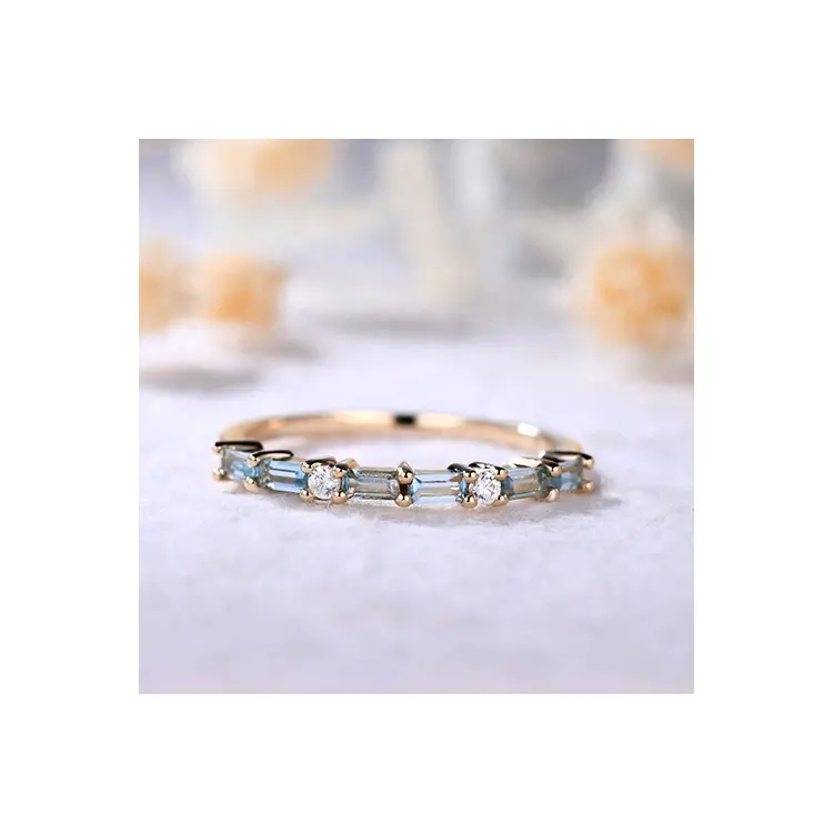 Gold Promise Ring Blue Topaz Luxury New Design Solid Gold Fine Jewelry Rings With Real Diamonds Ring