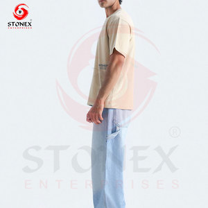 T-shirt en coton beige à manches courtes pour homme, col rond, coupe classique, couleur unie, jersey tricoté - Product Image 4