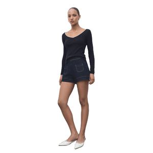 Top de Punto de Manga Larga con Cuello en V para Mujer, Color Azul Marino, Corte Ajustado, Casual, Primavera-Verano, 100% Algodón, Anti-Pilling - Product Image 3