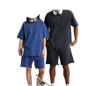 Wholesale Men's Vintage Acid Wash Breathable Heavyweight Cotton Two-Piece T-Shirt and Shorts <b>Set</b> Custom Logo Summer Streetwear - Product Image 6