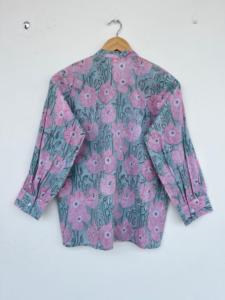 Vintage Sage Green Pink Floral Print Blouse Women <b>Collarless</b> Long Sleeve Button Down Loose <b>Shirt</b> Boho Casual Summer Tunic Top - Product Image 5