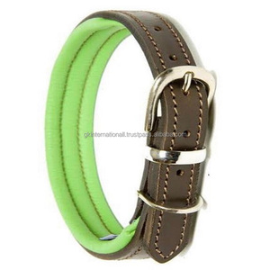 Collier de chien en cuir double couche cousu à la main de haute qualité avec rembourrage vert confortable et ensemble de boucles en nickel - Product Image 5