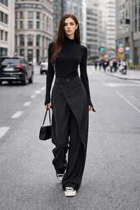 Women's Black Wide Leg Pants High Waist Loose Fit Full Length Solid Color Minimalist Style Button Fly Crepe Fabric Autumn Wear - Product Image 6