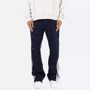 Pantalon large streetwear personnalisé en coton molletonné épais à rayures sur le bas, taille haute, effet usé - Product Image 6