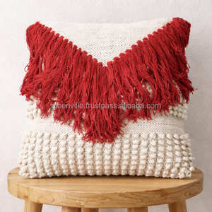Boho <b>Cushion</b> Cover with Decorative Fringe Detail, Woven Throw <b>Pillow</b>, Soft Pink Accent <b>Cushion</b> for Bohemian Home Décor - Product Image 2