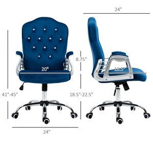 Sedia da Ufficio in Velluto Blu con Ruote Girevoli a 360 Gradi, Altezza Regolabile e Funzione di Inclinazione - Product Image 3