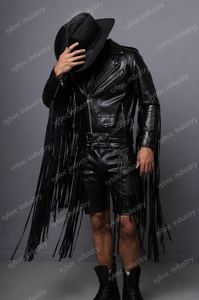 Blouson de motard en cuir à franges pour homme, noir, avec manches et dos en peau d'agneau, fermeture éclair asymétrique, taille cintrée, style western à pompons - Product Image 4