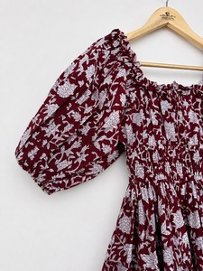Deep Red Floral 100% Cotton Shirred Maxi Dress Boho Resort Vacation Wear Flowy <b>Summer</b> Short Sleeve Dress Festive Outfit - Product Image 3
